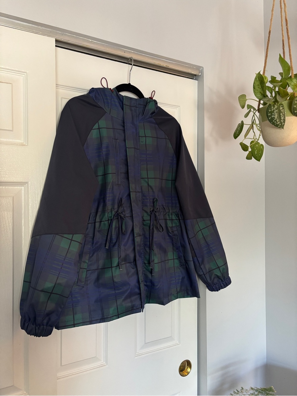 Navy & Green Plaid Hooded Rain Jacket
